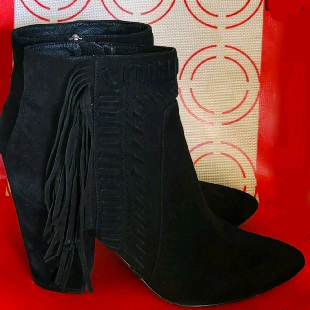 Rebecca Minkoff Womens Ilan Black Suede Fringe Accent Ankle Bootees Size 8